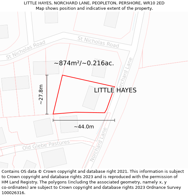 LITTLE HAYES, NORCHARD LANE, PEOPLETON, PERSHORE, WR10 2ED: Plot and title map