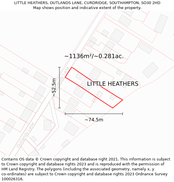 LITTLE HEATHERS, OUTLANDS LANE, CURDRIDGE, SOUTHAMPTON, SO30 2HD: Plot and title map