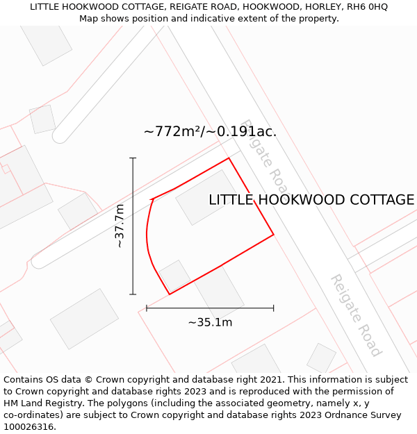 LITTLE HOOKWOOD COTTAGE, REIGATE ROAD, HOOKWOOD, HORLEY, RH6 0HQ: Plot and title map