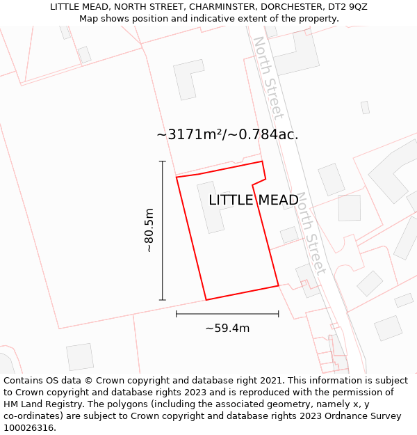 LITTLE MEAD, NORTH STREET, CHARMINSTER, DORCHESTER, DT2 9QZ: Plot and title map