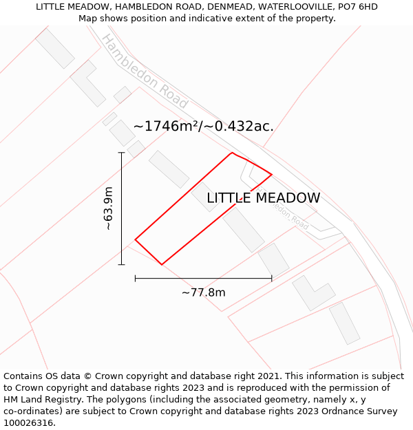 LITTLE MEADOW, HAMBLEDON ROAD, DENMEAD, WATERLOOVILLE, PO7 6HD: Plot and title map