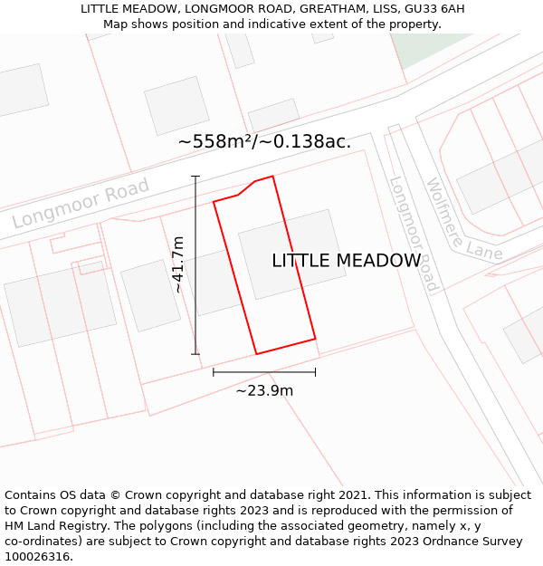 LITTLE MEADOW, LONGMOOR ROAD, GREATHAM, LISS, GU33 6AH: Plot and title map