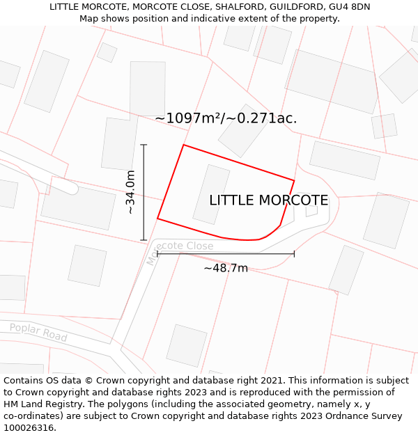 LITTLE MORCOTE, MORCOTE CLOSE, SHALFORD, GUILDFORD, GU4 8DN: Plot and title map