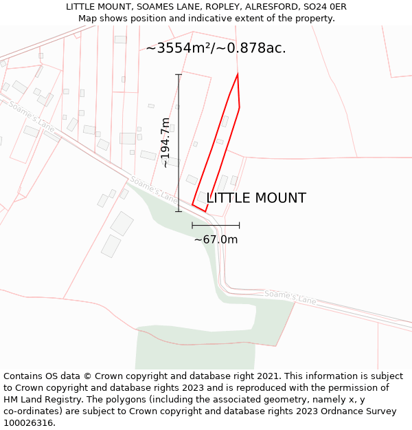 LITTLE MOUNT, SOAMES LANE, ROPLEY, ALRESFORD, SO24 0ER: Plot and title map