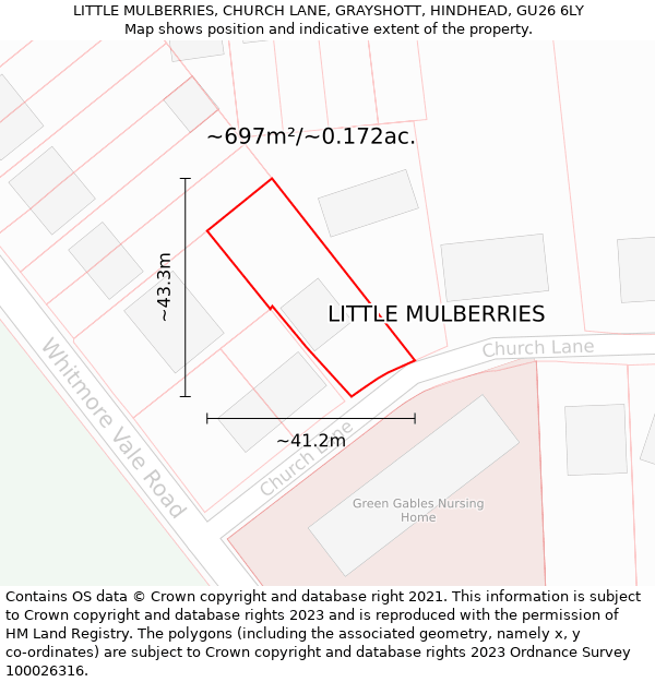 LITTLE MULBERRIES, CHURCH LANE, GRAYSHOTT, HINDHEAD, GU26 6LY: Plot and title map
