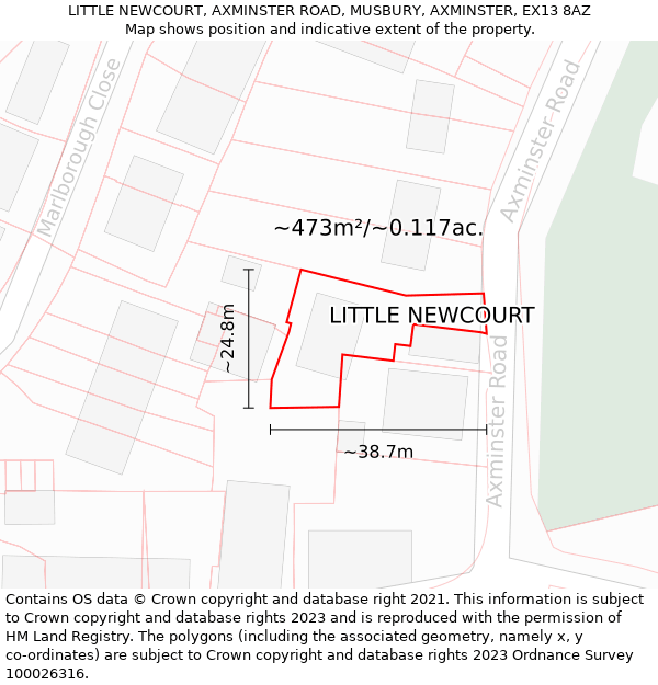 LITTLE NEWCOURT, AXMINSTER ROAD, MUSBURY, AXMINSTER, EX13 8AZ: Plot and title map