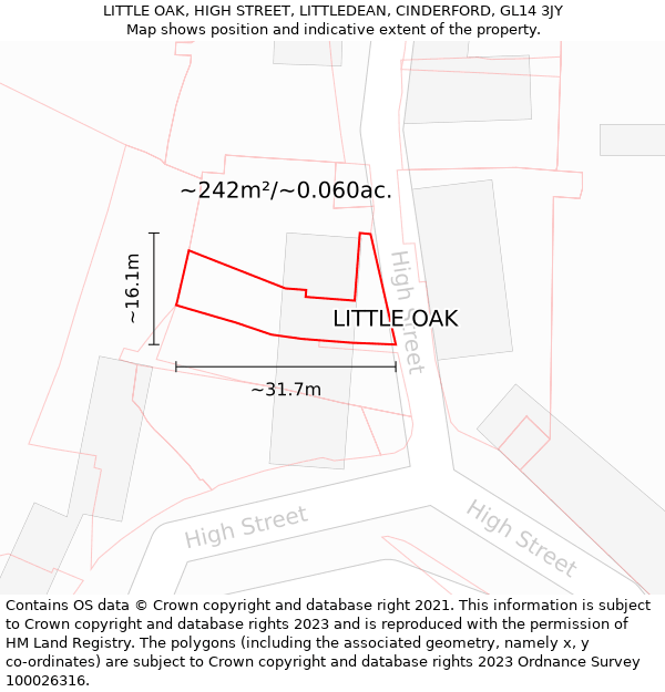 LITTLE OAK, HIGH STREET, LITTLEDEAN, CINDERFORD, GL14 3JY: Plot and title map