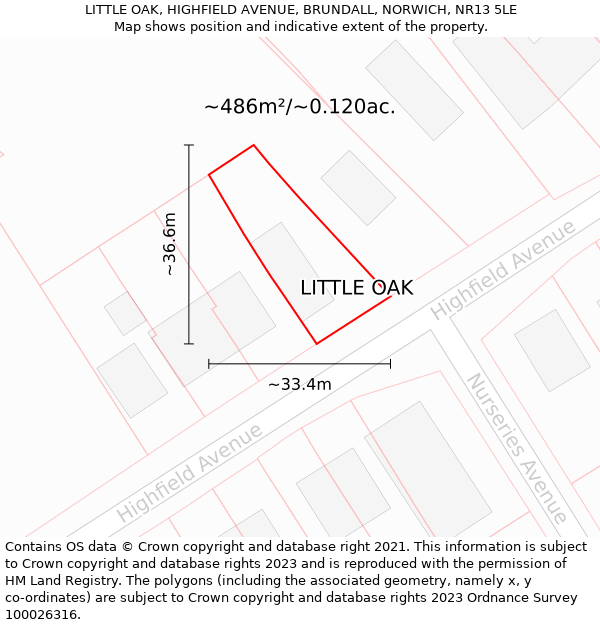 LITTLE OAK, HIGHFIELD AVENUE, BRUNDALL, NORWICH, NR13 5LE: Plot and title map