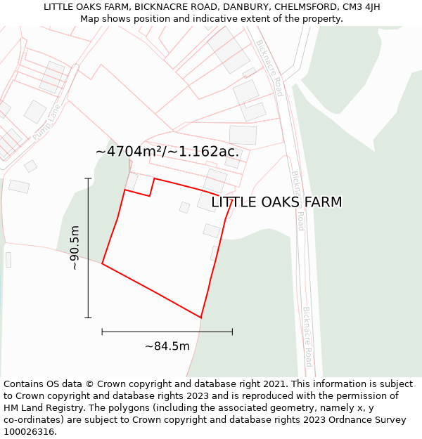 LITTLE OAKS FARM, BICKNACRE ROAD, DANBURY, CHELMSFORD, CM3 4JH: Plot and title map