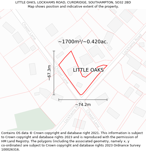 LITTLE OAKS, LOCKHAMS ROAD, CURDRIDGE, SOUTHAMPTON, SO32 2BD: Plot and title map