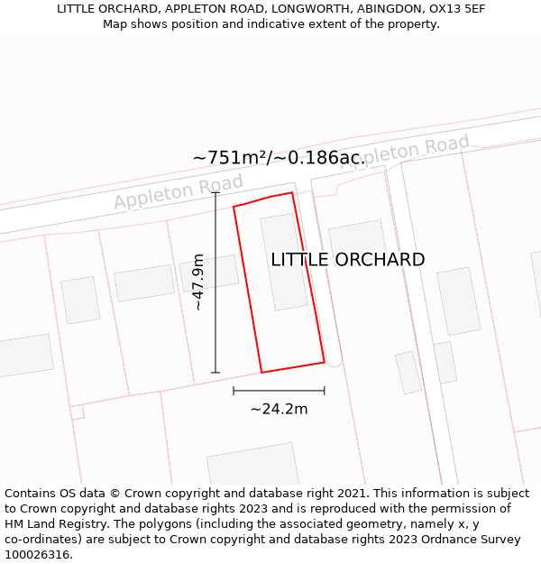 LITTLE ORCHARD, APPLETON ROAD, LONGWORTH, ABINGDON, OX13 5EF: Plot and title map