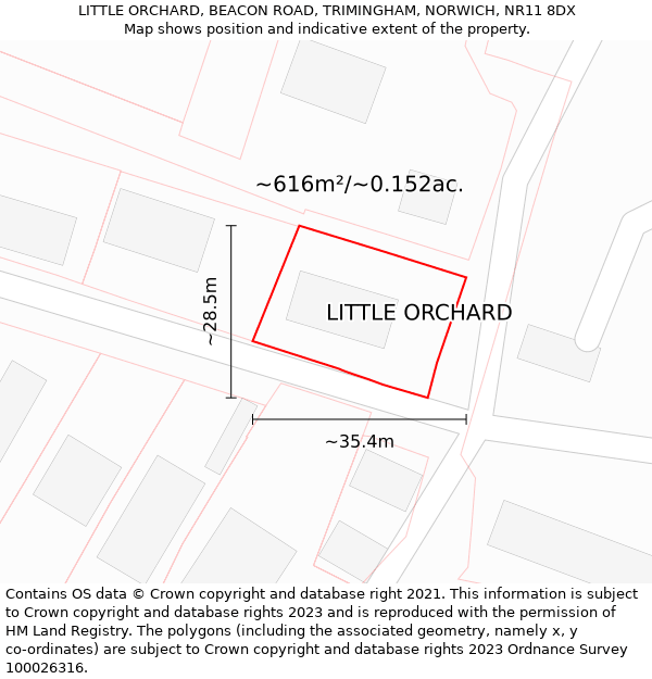 LITTLE ORCHARD, BEACON ROAD, TRIMINGHAM, NORWICH, NR11 8DX: Plot and title map