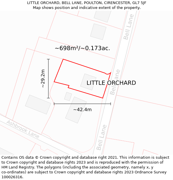 LITTLE ORCHARD, BELL LANE, POULTON, CIRENCESTER, GL7 5JF: Plot and title map