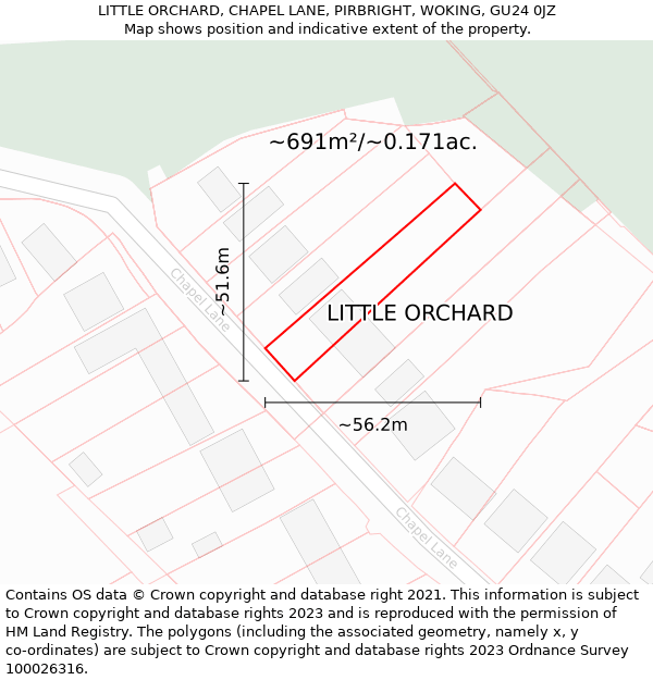 LITTLE ORCHARD, CHAPEL LANE, PIRBRIGHT, WOKING, GU24 0JZ: Plot and title map