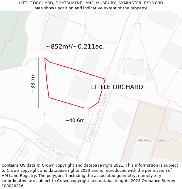 LITTLE ORCHARD, DOATSHAYNE LANE, MUSBURY, AXMINSTER, EX13 8BD: Plot and title map