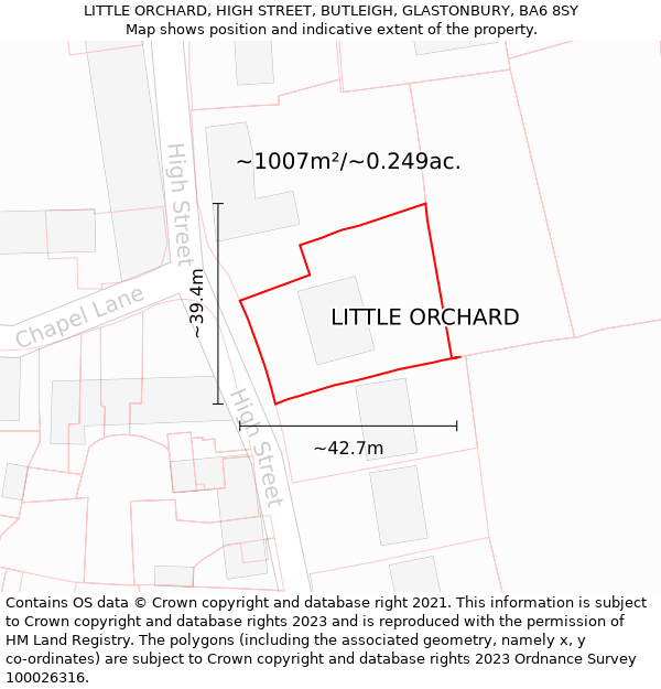 LITTLE ORCHARD, HIGH STREET, BUTLEIGH, GLASTONBURY, BA6 8SY: Plot and title map