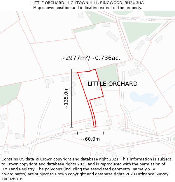 LITTLE ORCHARD, HIGHTOWN HILL, RINGWOOD, BH24 3HA: Plot and title map