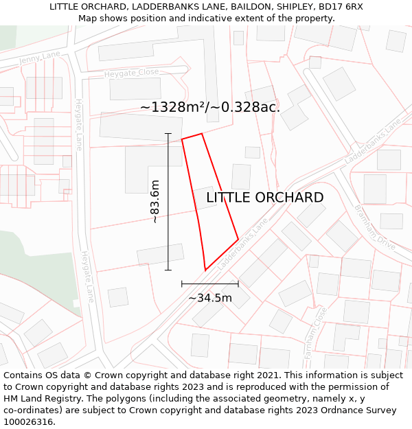 LITTLE ORCHARD, LADDERBANKS LANE, BAILDON, SHIPLEY, BD17 6RX: Plot and title map