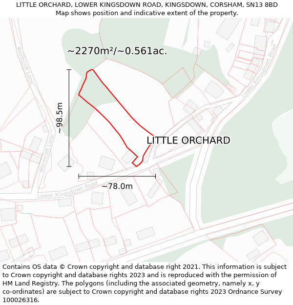 LITTLE ORCHARD, LOWER KINGSDOWN ROAD, KINGSDOWN, CORSHAM, SN13 8BD: Plot and title map