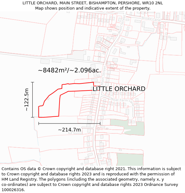 LITTLE ORCHARD, MAIN STREET, BISHAMPTON, PERSHORE, WR10 2NL: Plot and title map