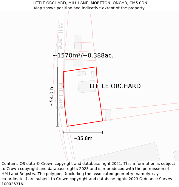 LITTLE ORCHARD, MILL LANE, MORETON, ONGAR, CM5 0DN: Plot and title map