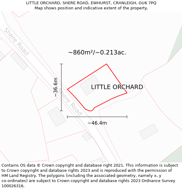 LITTLE ORCHARD, SHERE ROAD, EWHURST, CRANLEIGH, GU6 7PQ: Plot and title map