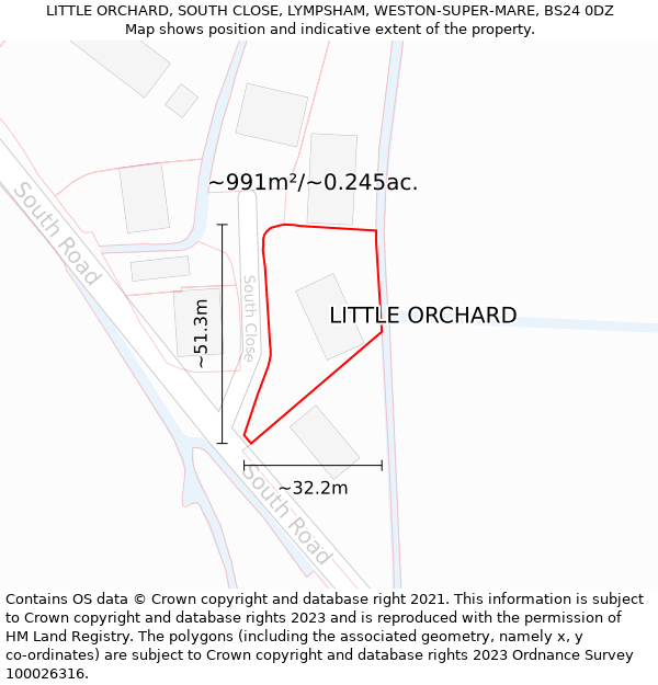 LITTLE ORCHARD, SOUTH CLOSE, LYMPSHAM, WESTON-SUPER-MARE, BS24 0DZ: Plot and title map