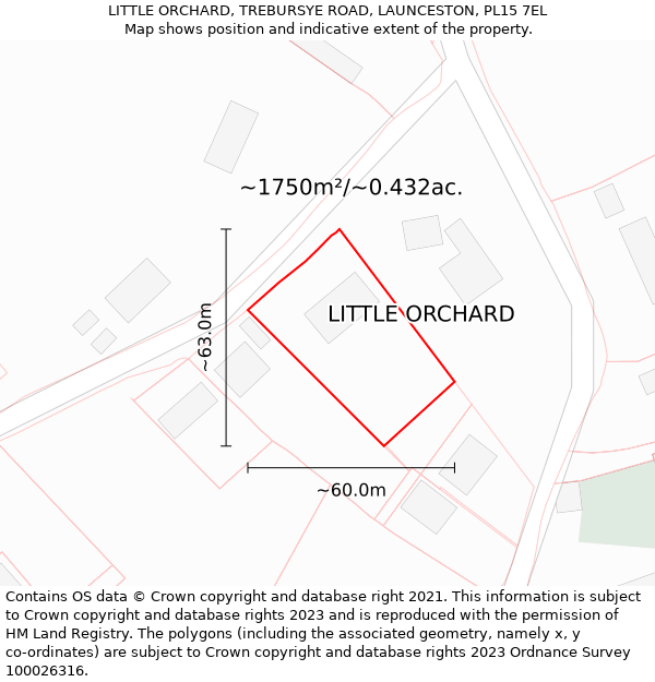 LITTLE ORCHARD, TREBURSYE ROAD, LAUNCESTON, PL15 7EL: Plot and title map