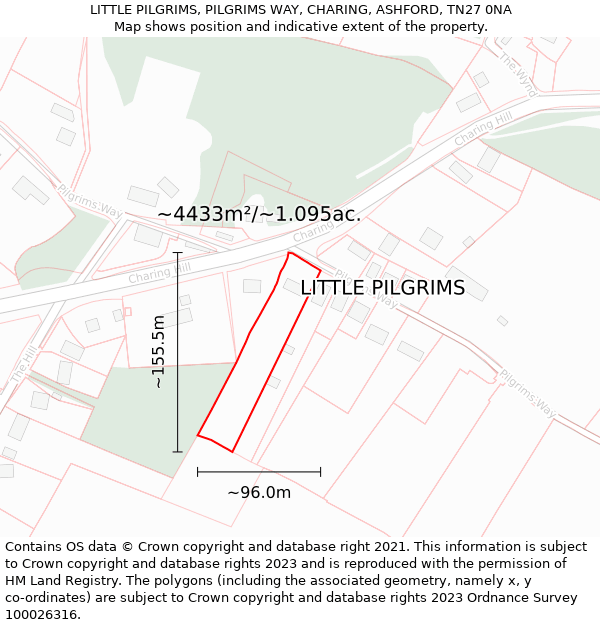 LITTLE PILGRIMS, PILGRIMS WAY, CHARING, ASHFORD, TN27 0NA: Plot and title map