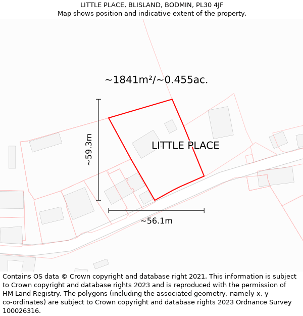 LITTLE PLACE, BLISLAND, BODMIN, PL30 4JF: Plot and title map