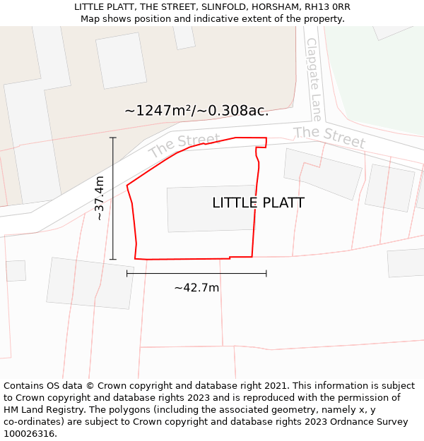 LITTLE PLATT, THE STREET, SLINFOLD, HORSHAM, RH13 0RR: Plot and title map