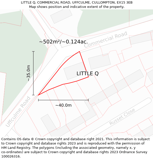 LITTLE Q, COMMERCIAL ROAD, UFFCULME, CULLOMPTON, EX15 3EB: Plot and title map