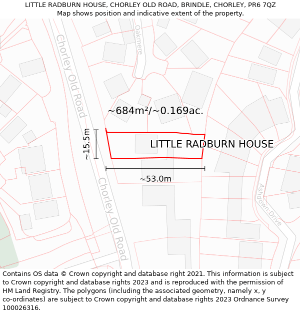 LITTLE RADBURN HOUSE, CHORLEY OLD ROAD, BRINDLE, CHORLEY, PR6 7QZ: Plot and title map