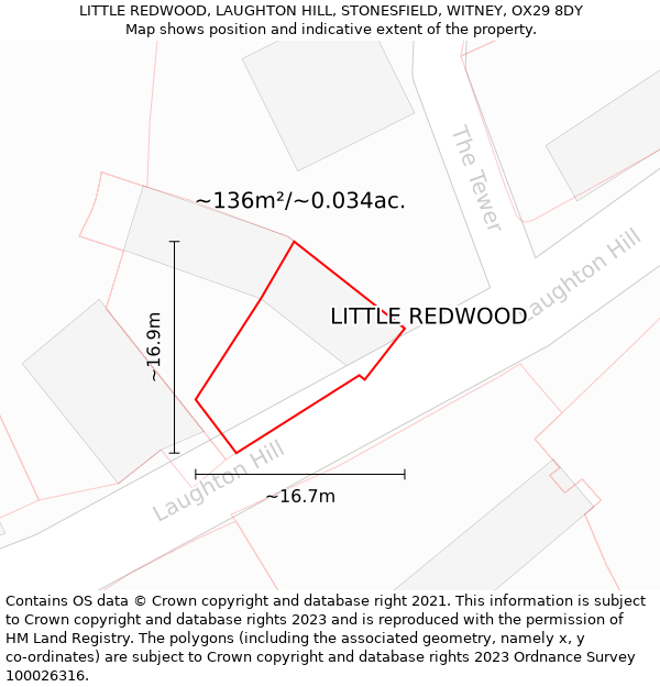 LITTLE REDWOOD, LAUGHTON HILL, STONESFIELD, WITNEY, OX29 8DY: Plot and title map