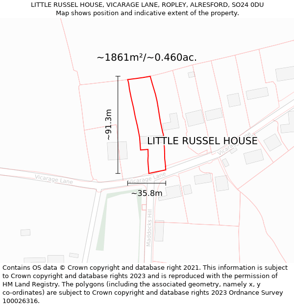 LITTLE RUSSEL HOUSE, VICARAGE LANE, ROPLEY, ALRESFORD, SO24 0DU: Plot and title map