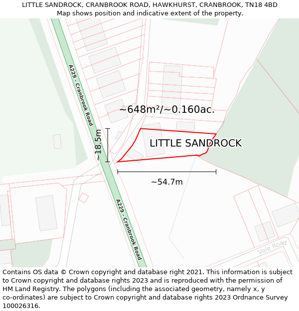 LITTLE SANDROCK, CRANBROOK ROAD, HAWKHURST, CRANBROOK, TN18 4BD: Plot and title map