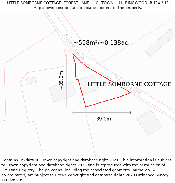 LITTLE SOMBORNE COTTAGE, FOREST LANE, HIGHTOWN HILL, RINGWOOD, BH24 3HF: Plot and title map
