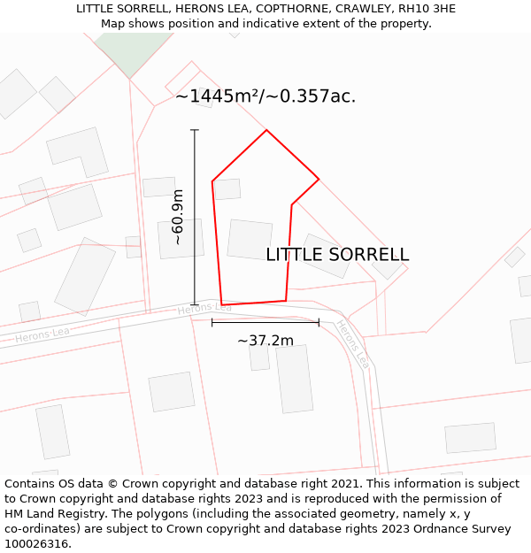 LITTLE SORRELL, HERONS LEA, COPTHORNE, CRAWLEY, RH10 3HE: Plot and title map