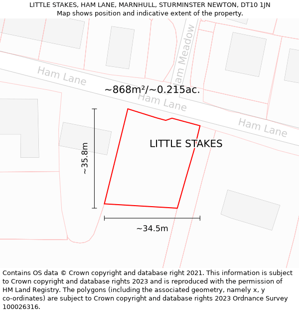 LITTLE STAKES, HAM LANE, MARNHULL, STURMINSTER NEWTON, DT10 1JN: Plot and title map