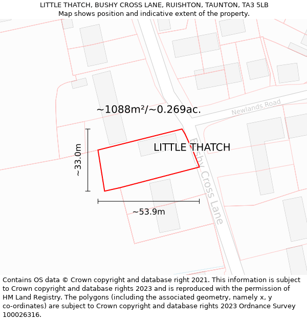 LITTLE THATCH, BUSHY CROSS LANE, RUISHTON, TAUNTON, TA3 5LB: Plot and title map