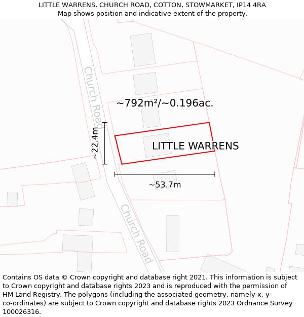 LITTLE WARRENS, CHURCH ROAD, COTTON, STOWMARKET, IP14 4RA: Plot and title map