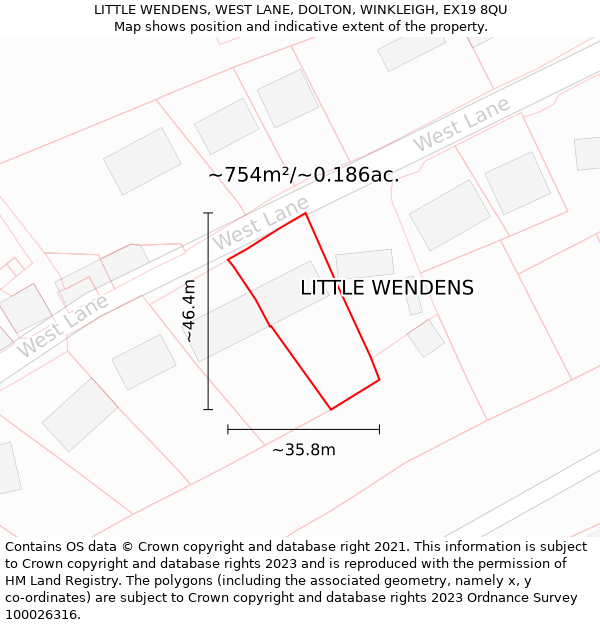 LITTLE WENDENS, WEST LANE, DOLTON, WINKLEIGH, EX19 8QU: Plot and title map