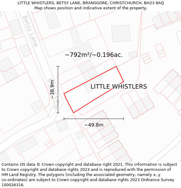 LITTLE WHISTLERS, BETSY LANE, BRANSGORE, CHRISTCHURCH, BH23 8AQ: Plot and title map