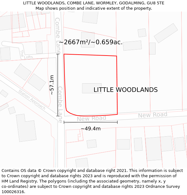 LITTLE WOODLANDS, COMBE LANE, WORMLEY, GODALMING, GU8 5TE: Plot and title map