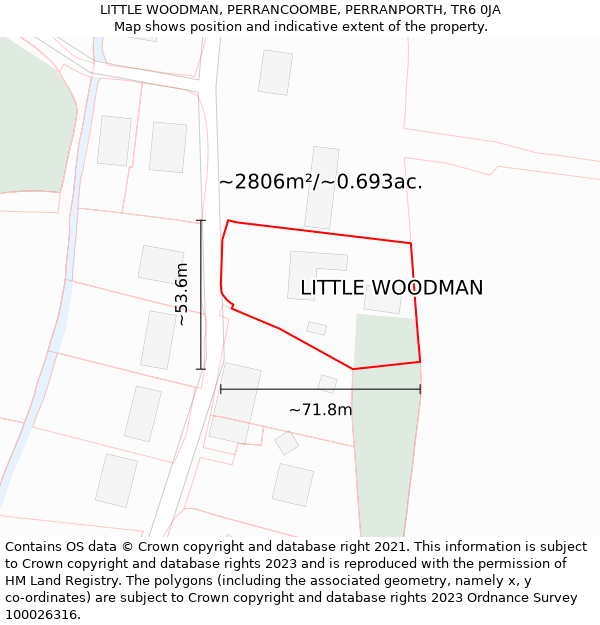 LITTLE WOODMAN, PERRANCOOMBE, PERRANPORTH, TR6 0JA: Plot and title map