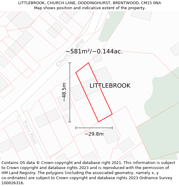 LITTLEBROOK, CHURCH LANE, DODDINGHURST, BRENTWOOD, CM15 0NA: Plot and title map