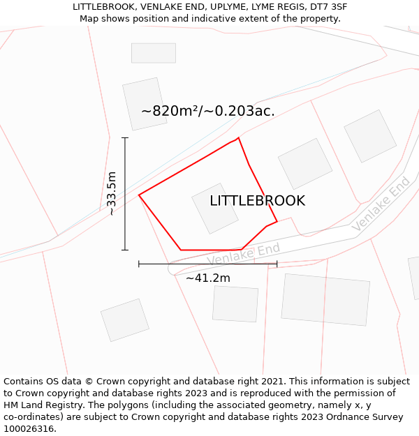 LITTLEBROOK, VENLAKE END, UPLYME, LYME REGIS, DT7 3SF: Plot and title map