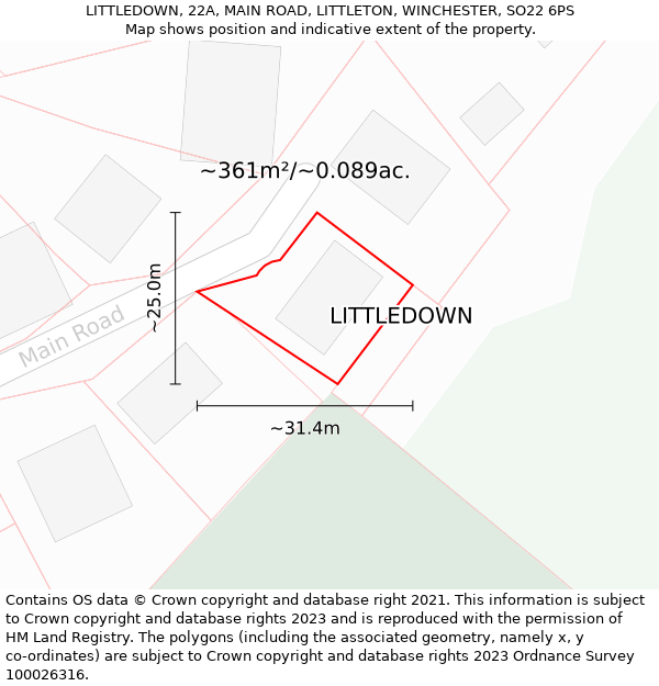 LITTLEDOWN, 22A, MAIN ROAD, LITTLETON, WINCHESTER, SO22 6PS: Plot and title map