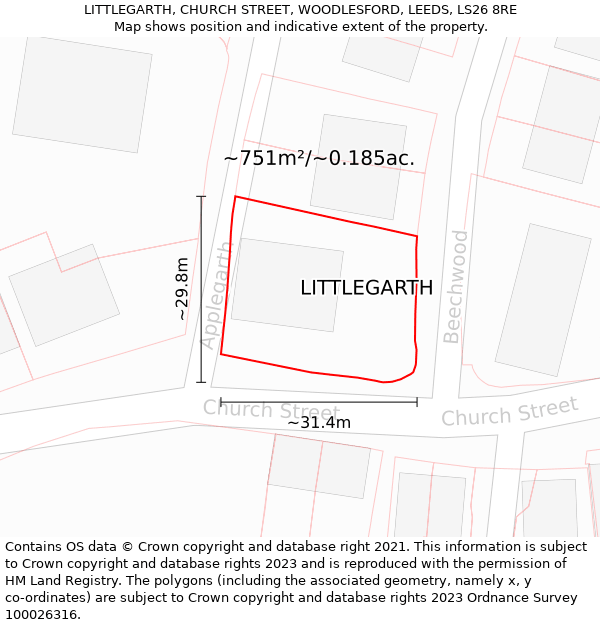 LITTLEGARTH, CHURCH STREET, WOODLESFORD, LEEDS, LS26 8RE: Plot and title map