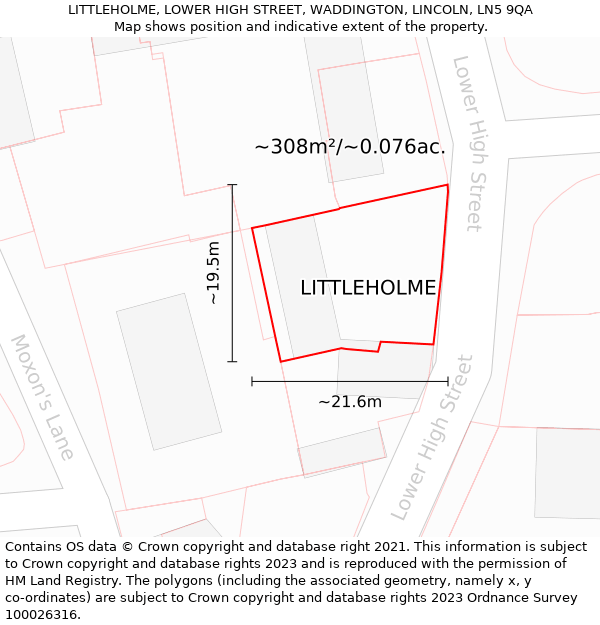 LITTLEHOLME, LOWER HIGH STREET, WADDINGTON, LINCOLN, LN5 9QA: Plot and title map